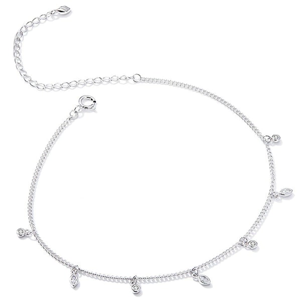 Crystal charm ankle bracelet made of silver on a white background