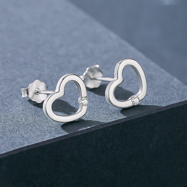 Silver open heart stud earrings details
