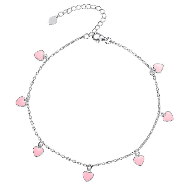 Sterling silver pink hearts charm anklet