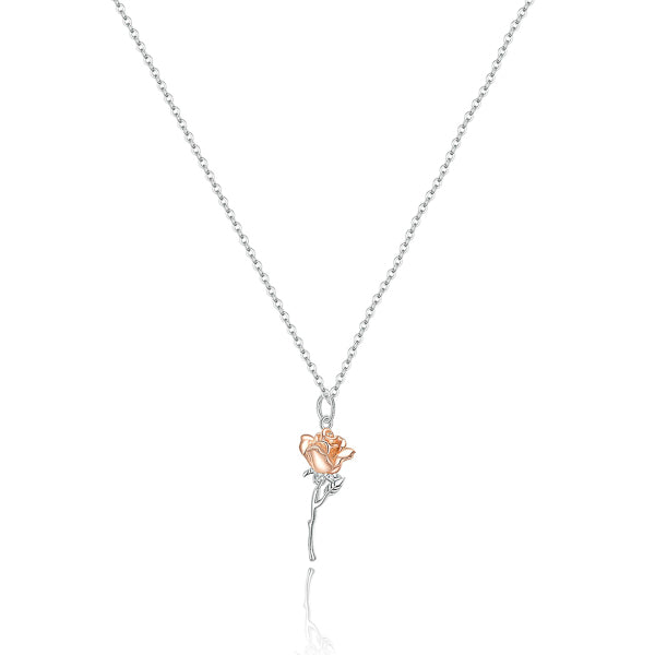 Two-tone rose flower pendant with rose gold leaves on a silver necklace