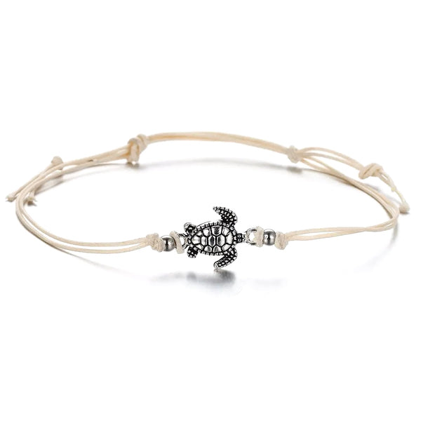 Ivory white cord anklet with turtle charm