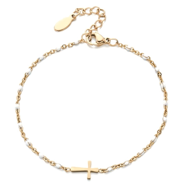 Gold cross bracelet with white beads