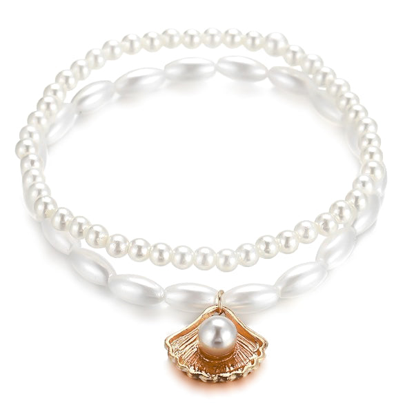 Pearl anklet set with gold seashell charm