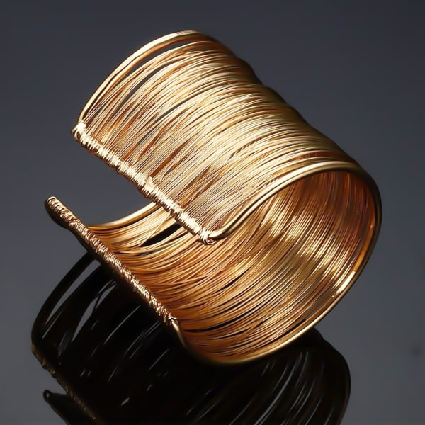 Wide large gold wire open cuff bracelet