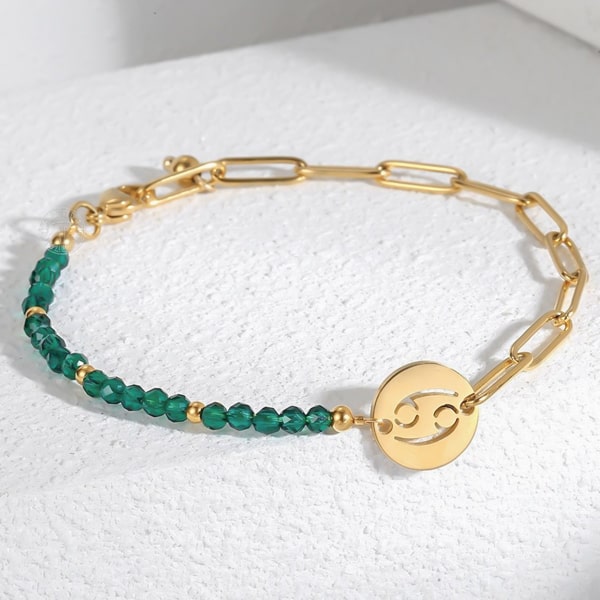 Zodiac bracelet with gold link chain, green crystal beads, and a round zodiac sign plate