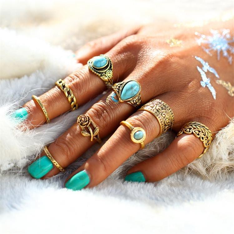 Classy Women Turquoise Ring Set (10 pieces) | Ring - Classy Women Collection